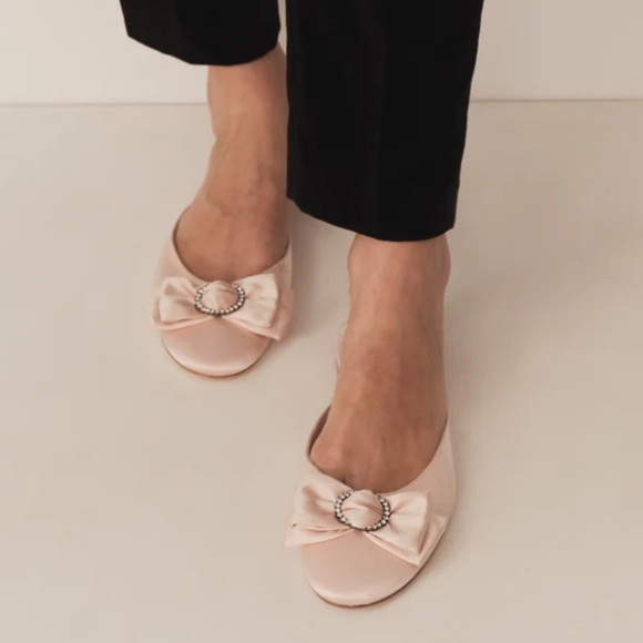 NWT Doen Tilly Satin Bow Crystal Buckle Mule Ballet Flats Shoes Peche Light Pink